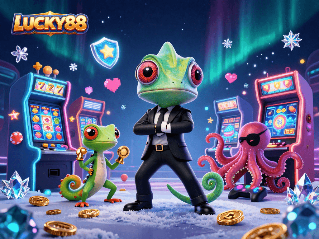 Experience the vibrant excitement of LUCKY88 with animated characters amidst colorful slot machines.