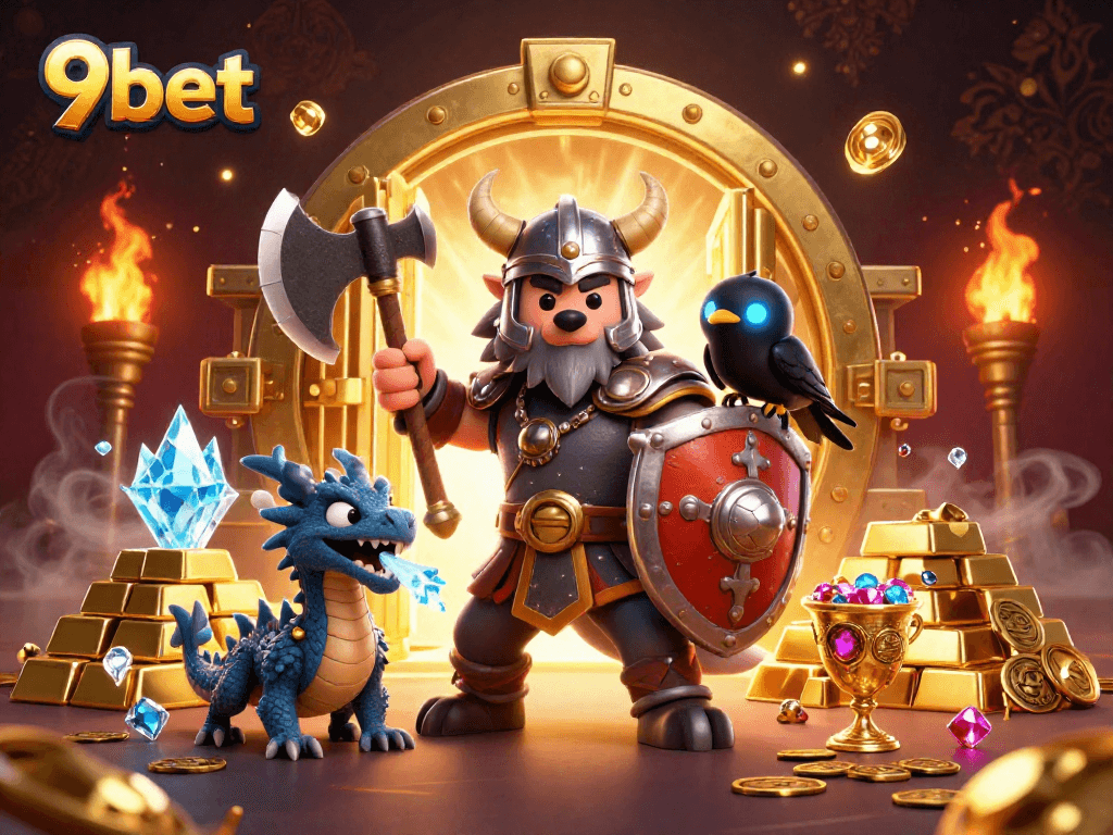 Experience thrilling action with 9bet as the Viking wolf warrior, dragon, and raven explore a treasure-filled casino scene.