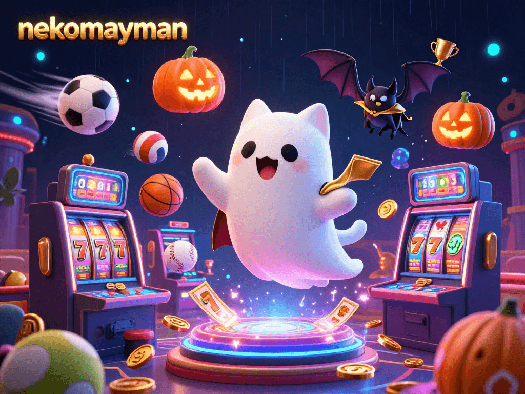Neko May Mắn charms players in a haunted casino scene featuring a ghost cat and vibrant slot machines.