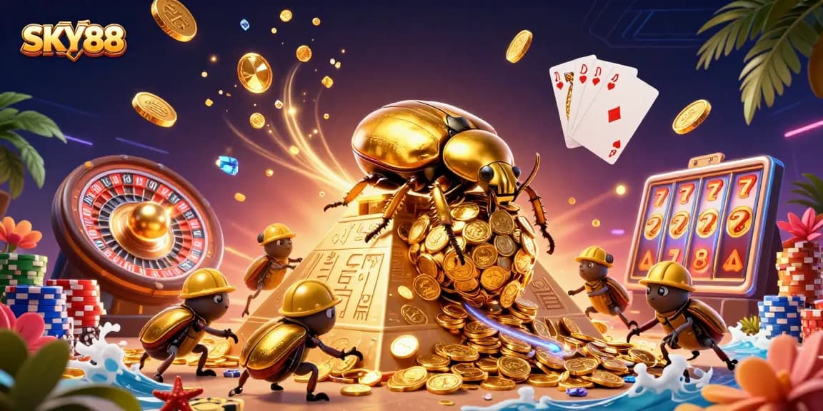 Engage with SKY88’s thrilling experience featuring a gold beetle, dazzling coins, and dynamic casino elements.