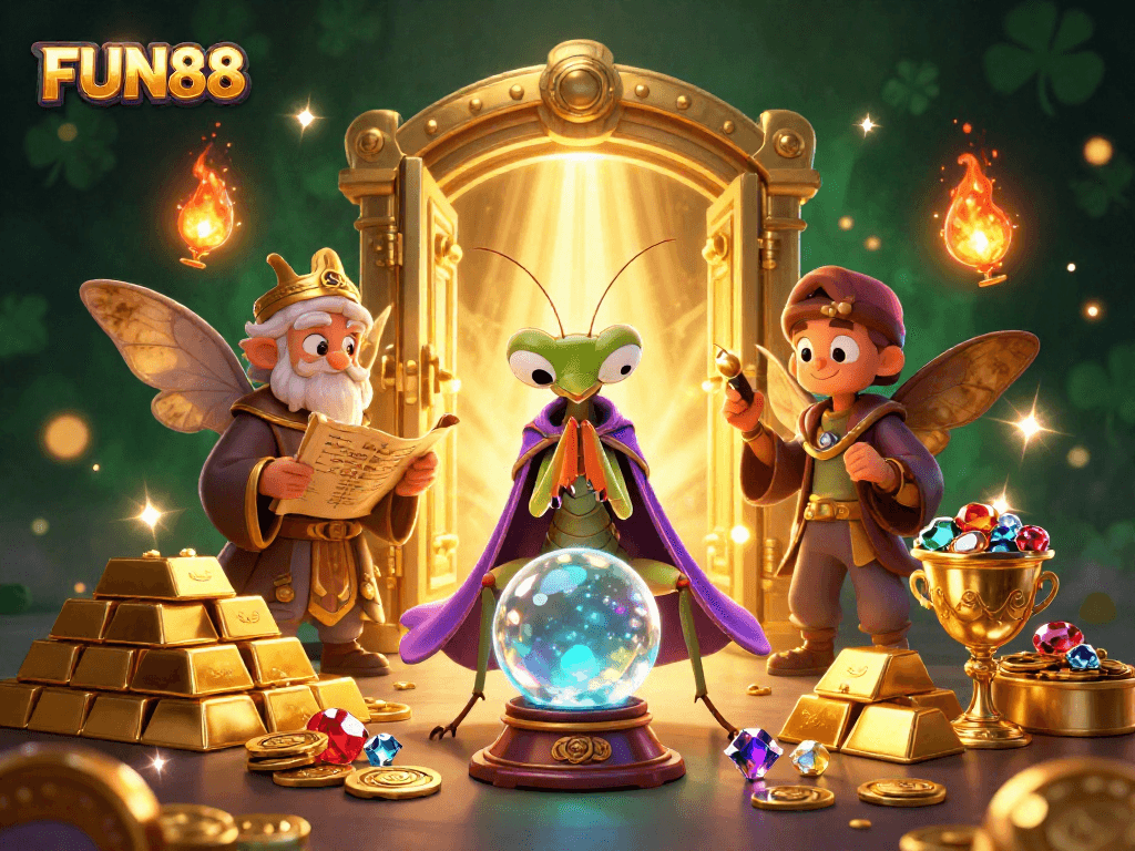 Capture winning moments at FUN88 with a fortune teller and treasures in a vibrant casino scene.