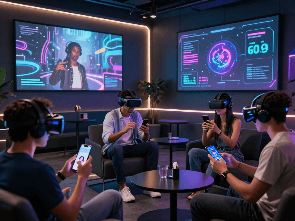 Engaging scene of users interacting with NSFW AI technology in a modern lounge setting, showcasing innovation and digital exploration.