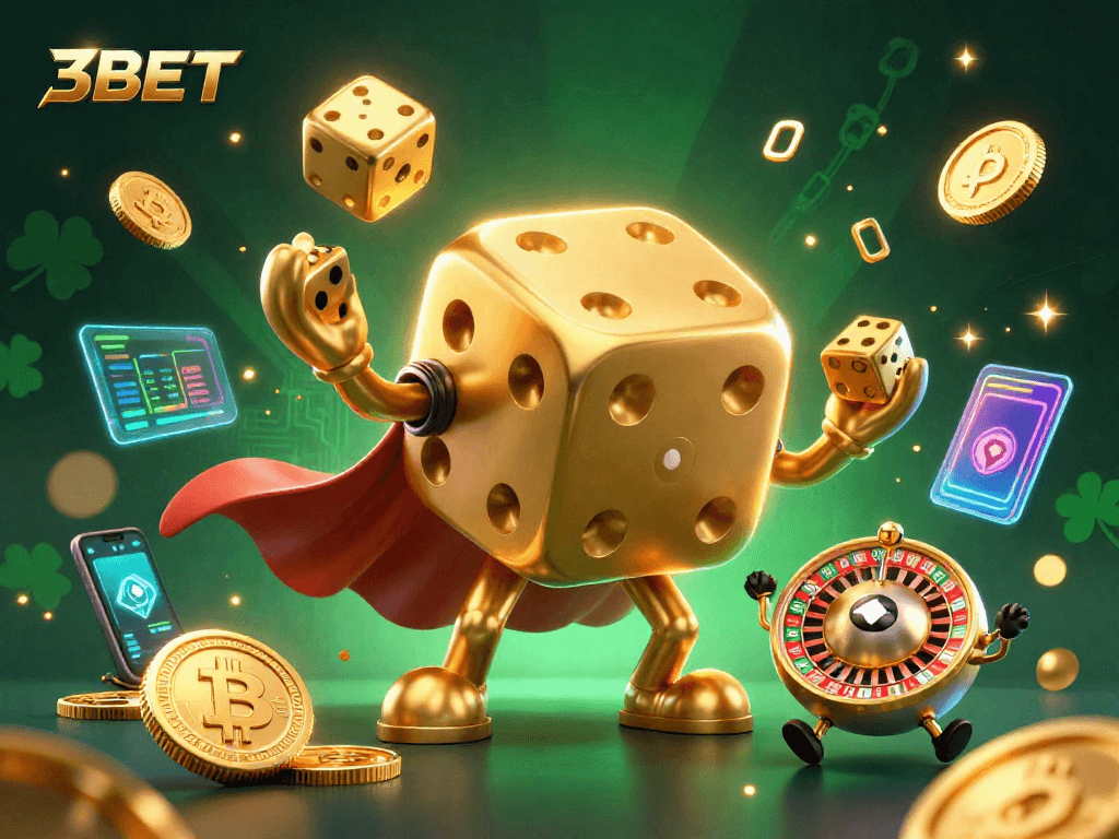 Experience thrilling wins at 3BET with cartoon characters and vibrant crypto elements in an exciting casino scene.