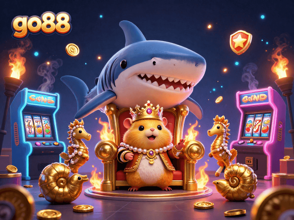 Engage with the vibrant scene showcasing the exciting go88 gaming elements, featuring a golden hamster king on a shark tooth throne.