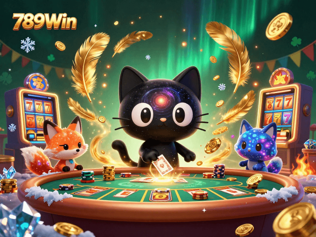 Engaging 789Win casino scene with a cartoon black hole cat pulling in chips and cards.