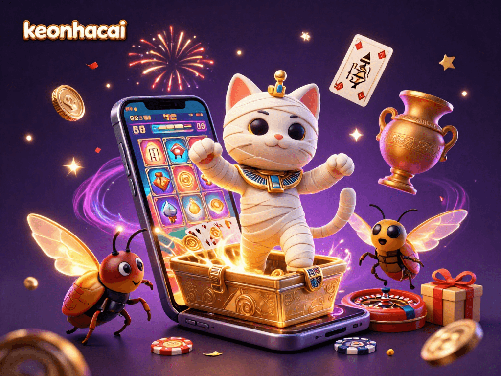 Experience the thrill of keonhacai as the Egyptian mummy cat emerges from the sarcophagus in a vibrant casino scene.