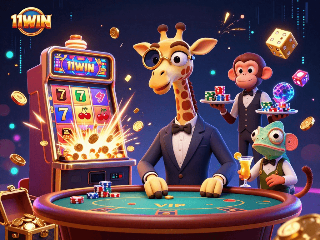 Experience the thrill of winning with 11WIN at a lavish casino scene featuring a high-roller giraffe.