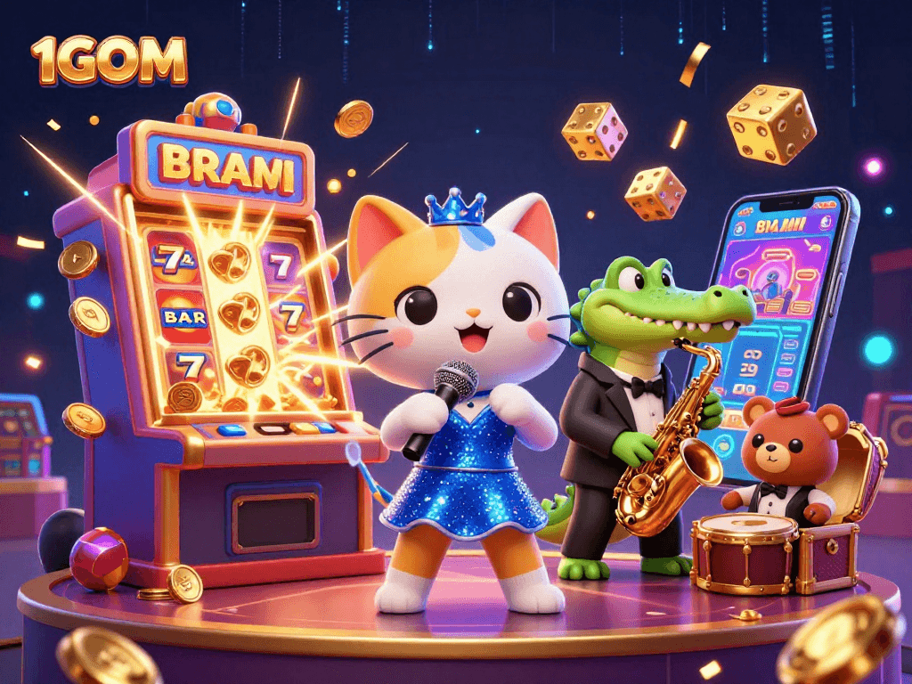 Experience thrilling jackpots at 1GOM with vibrant casino games and engaging characters.