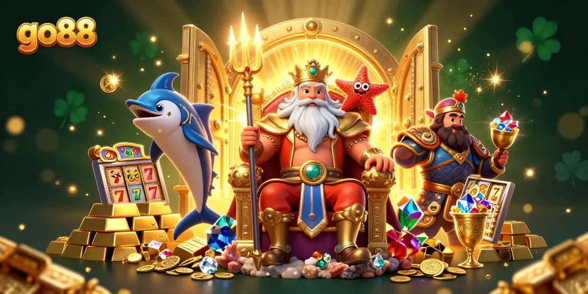 Experience the thrill of go88 with Neptune and treasures amidst slot reels and jewels.
