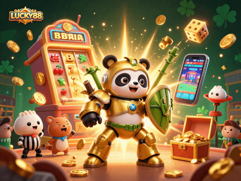 Celebrate LUCKY88's jackpot thrills with a dynamic 3D casino showdown featuring a golden panda and vibrant symbols.