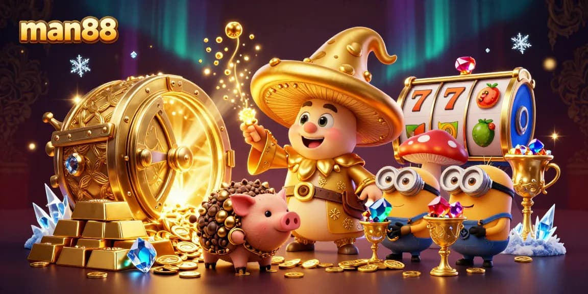 Join the fun and win at man88, featuring a golden mushroom wizard casting treasure spells in a vibrant casino scene.