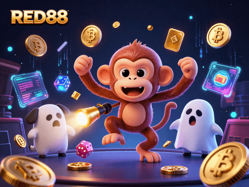 RED88 casino illustration featuring a mischievous poltergeist monkey juggling gold coins and tokens.
