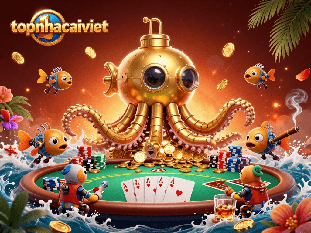 Experience topnhacaiviet's exciting poker action featuring a golden kraken and dynamic casino elements.