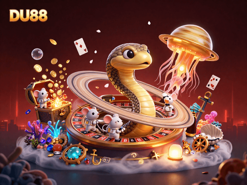 Engage in DU88's cosmic roulette as tiny astronaut mice place bets around a vibrant Saturn-inspired scene.