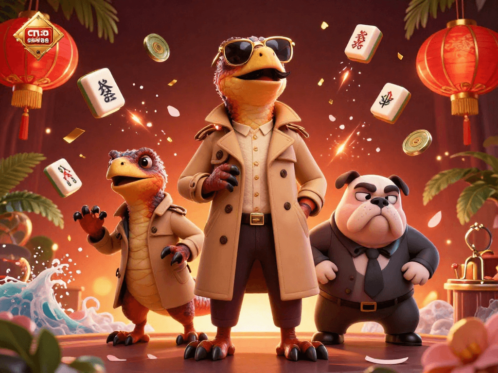 Experience the thrill of SKY88 casino as cartoon raptors attempt VIP entry, surrounded by festive gaming elements.