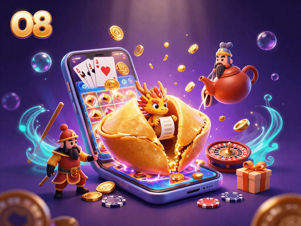 O8 offers an exciting 3D animation with a golden fortune cookie, slot game action, and vibrant casino elements.