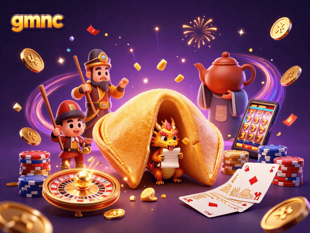 Join the excitement of gmnc with a dazzling 3D casino illustration featuring fortune cookies and treasures!