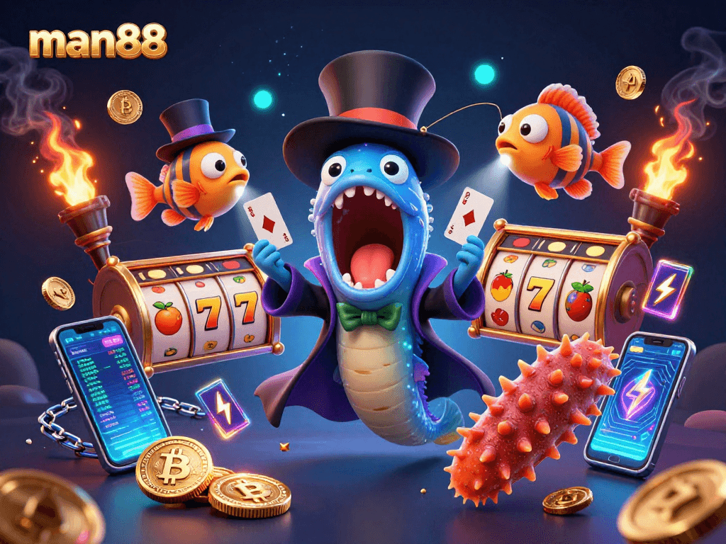 Experience man88 thrilling casino magic with bright slots and characters in a vibrant 3D scene.