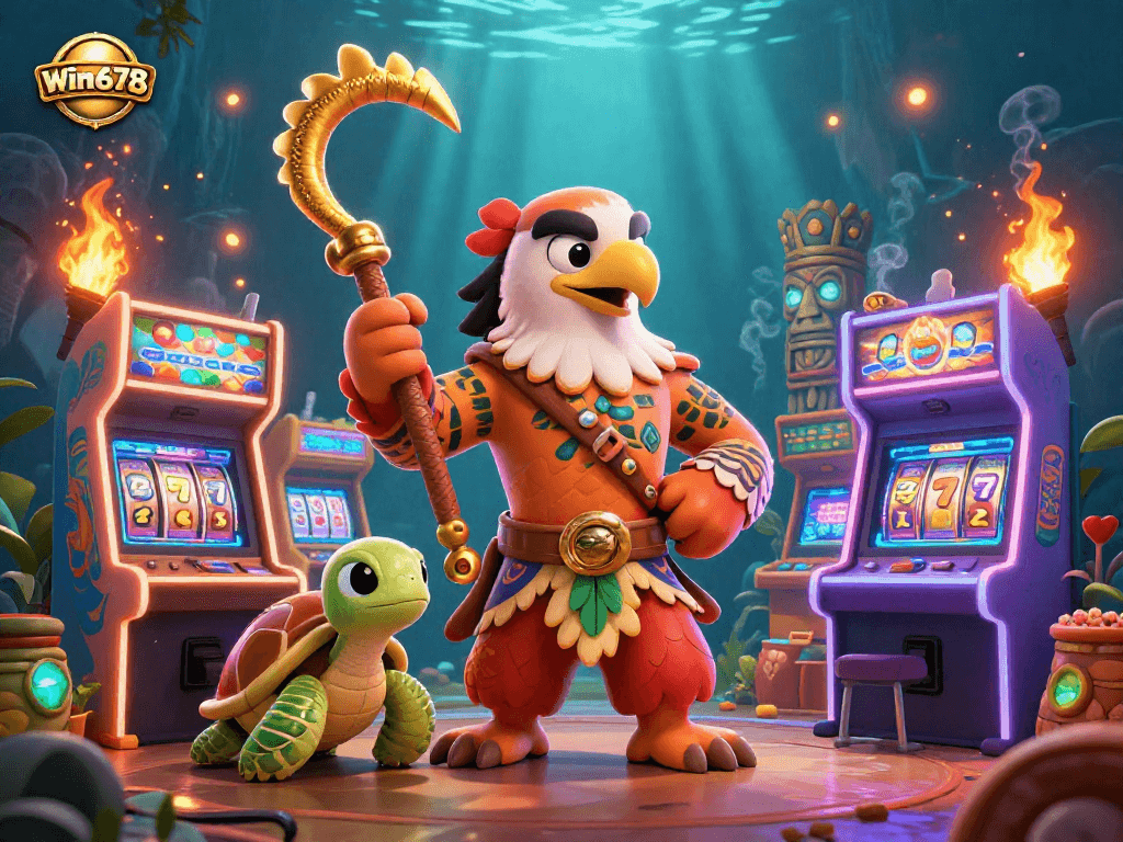 Win678 casino scene featuring a vibrant 3D illustration of a demigod hawk and arcade machines with a jackpot.
