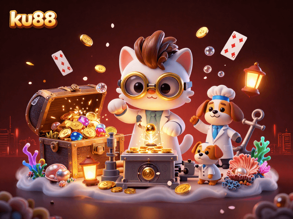 ku88 captures a mad scientist cat amidst a treasure-filled gambling adventure, creating gold coins