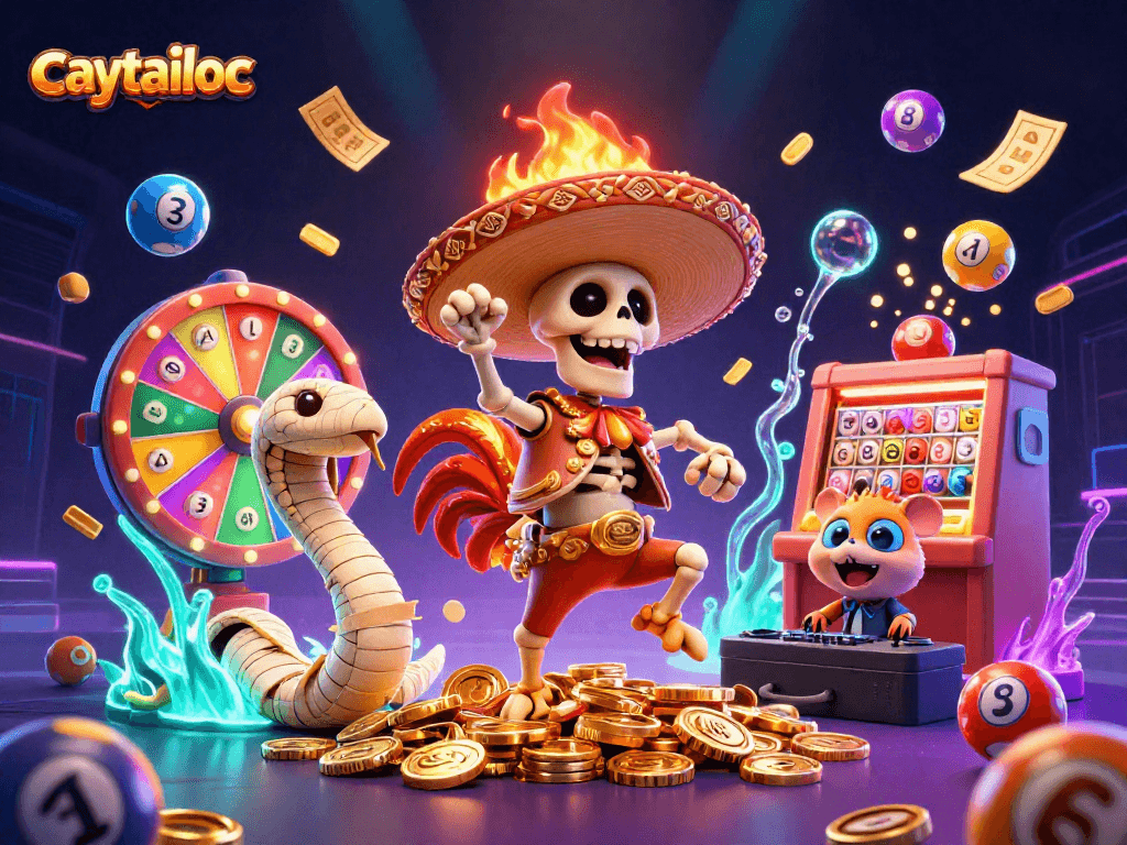 Join the fun with caytailoc as a dancing mariachi rooster celebrates a jackpot victory amidst colorful gambling elements.