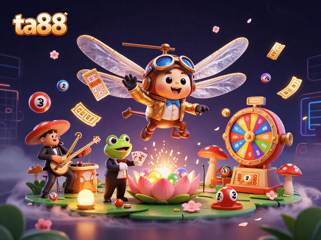 Experience thrilling gaming action at ta88 with a vibrant casino scene featuring a frog croupier and dragonfly pilot.