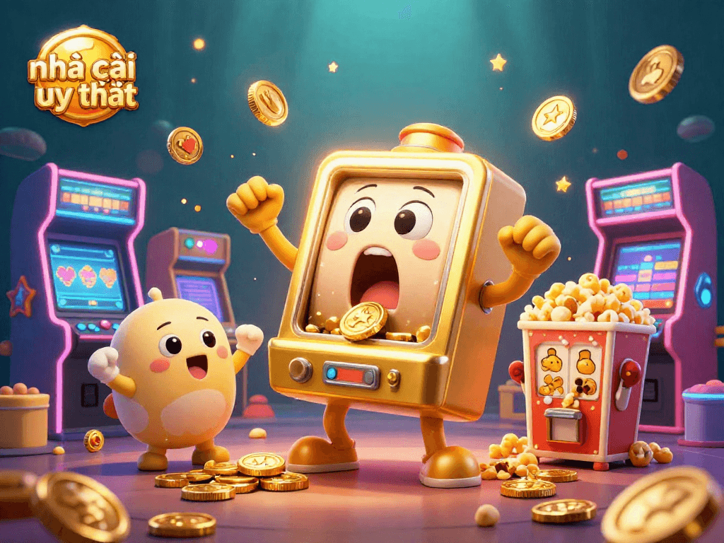 Experience winning with nhà cái uy tín featuring cartoon slot machines hitting jackpots and showered in coins.