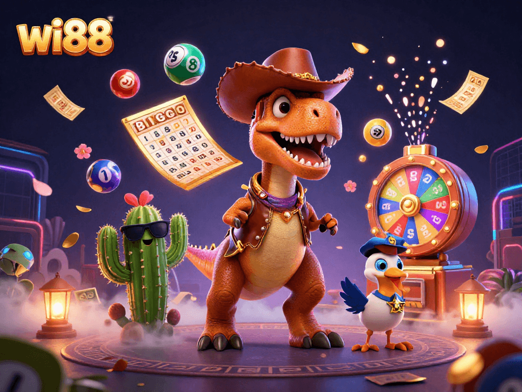 Engage with the vibrant gaming scene at wi88 featuring T-Rex and friends amidst dynamic lottery elements.