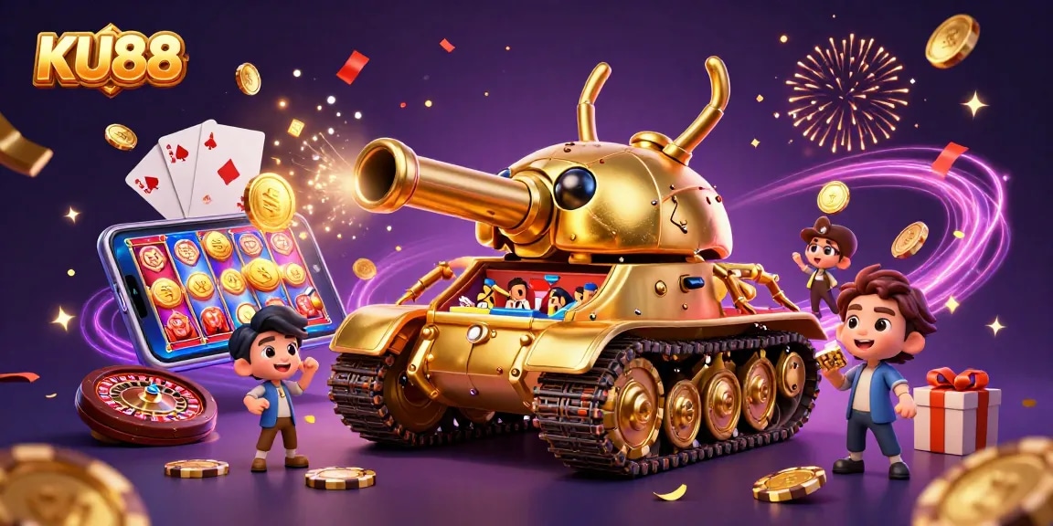 Win big with KU88 at this vibrant 3D casino scene featuring golden elements and playful energy.
