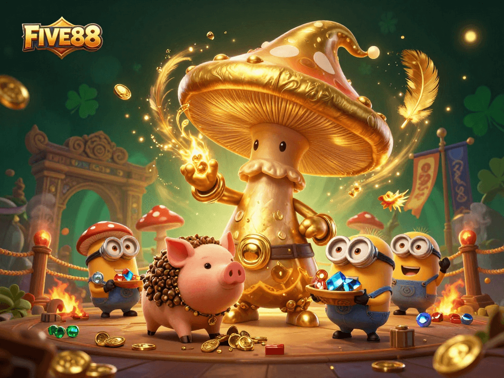 Experience enchanting winnings at FIVE88 with a magical casino adventure featuring a golden mushroom wizard.