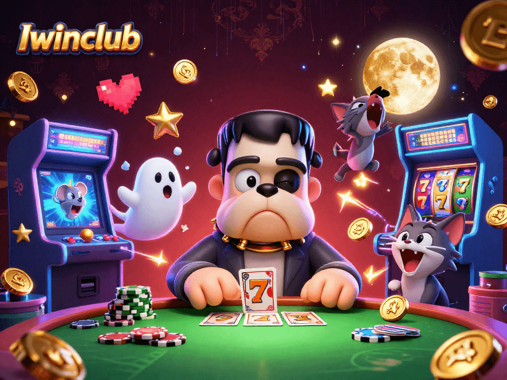 Iwinclub vibrant slots scene with cartoon characters dealing cards and celebrating wins