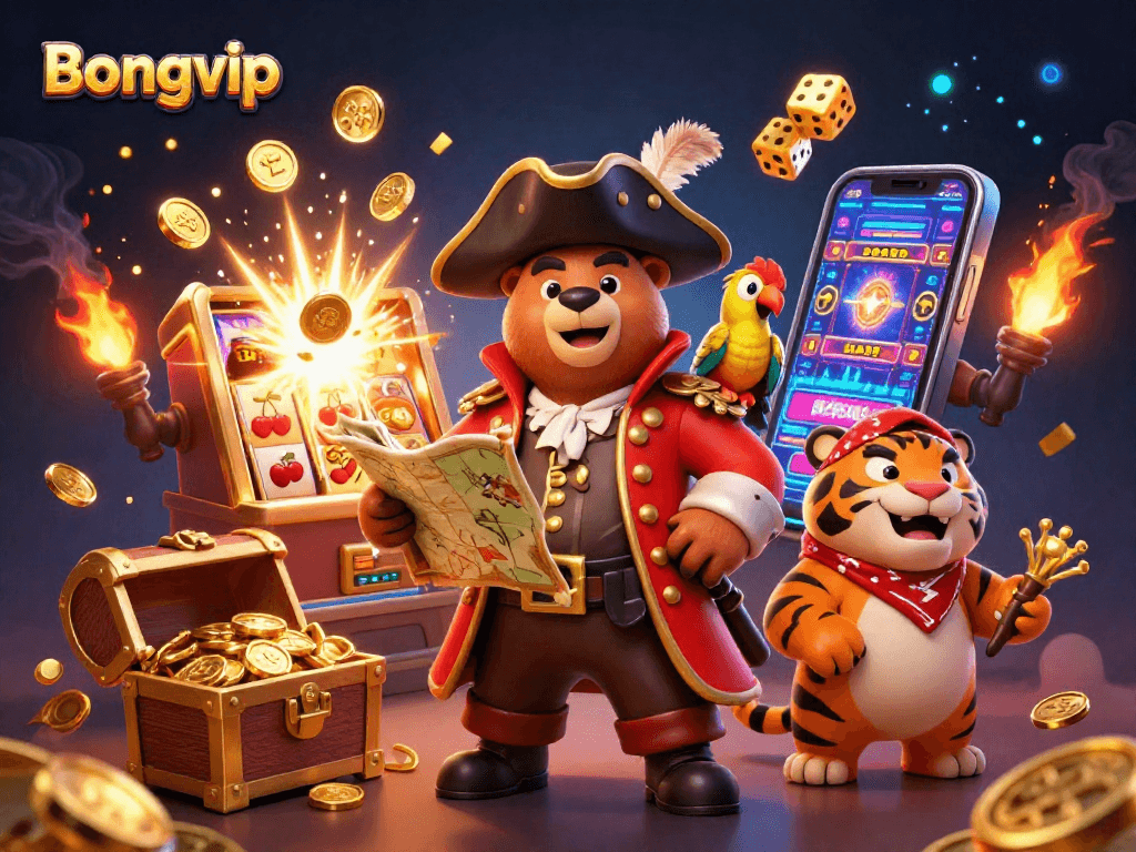 Bongvip players enjoying thrilling 3D slots with pirate characters, jackpots, and vibrant casino elements.