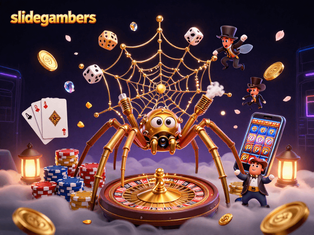 Engage with slidegamers as the golden spider spins a web of winning dice and vibrant casino elements.