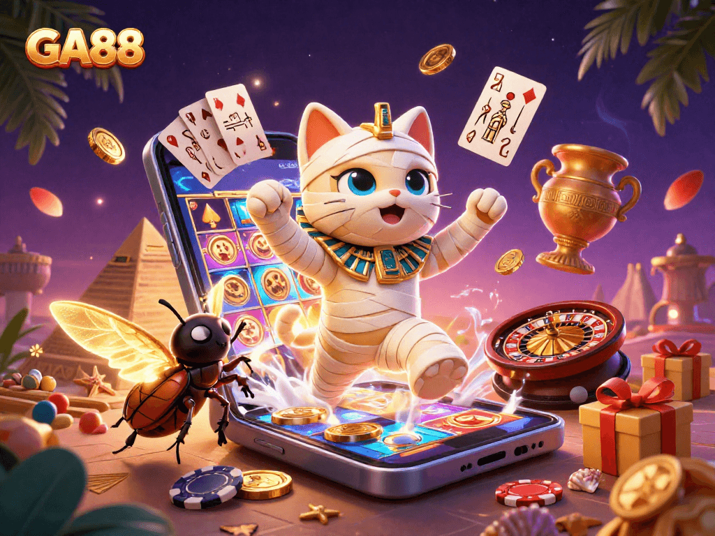 GA88 brings the excitement of casino gaming with a 3D Egyptian mummy cat in a vibrant scene.