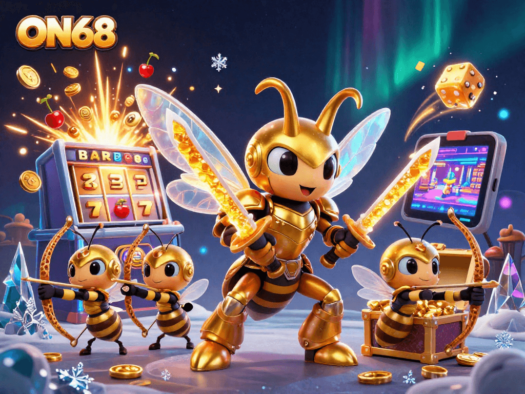 Engage in thrilling gameplay at ON68 with vibrant casino elements in a dynamic 3D illustration.