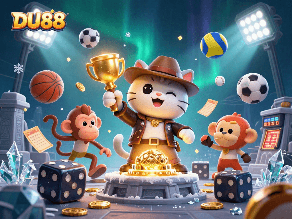 DU88 showcases a dynamic scene with an explorer cat discovering casino treasures among betting elements and vibrant sports decor.