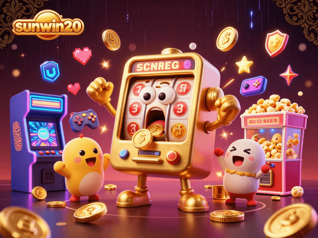 Win big with sunwin20 at the exciting golden slot machine, surrounded by cheerful baby slots and vibrant arcade elements.