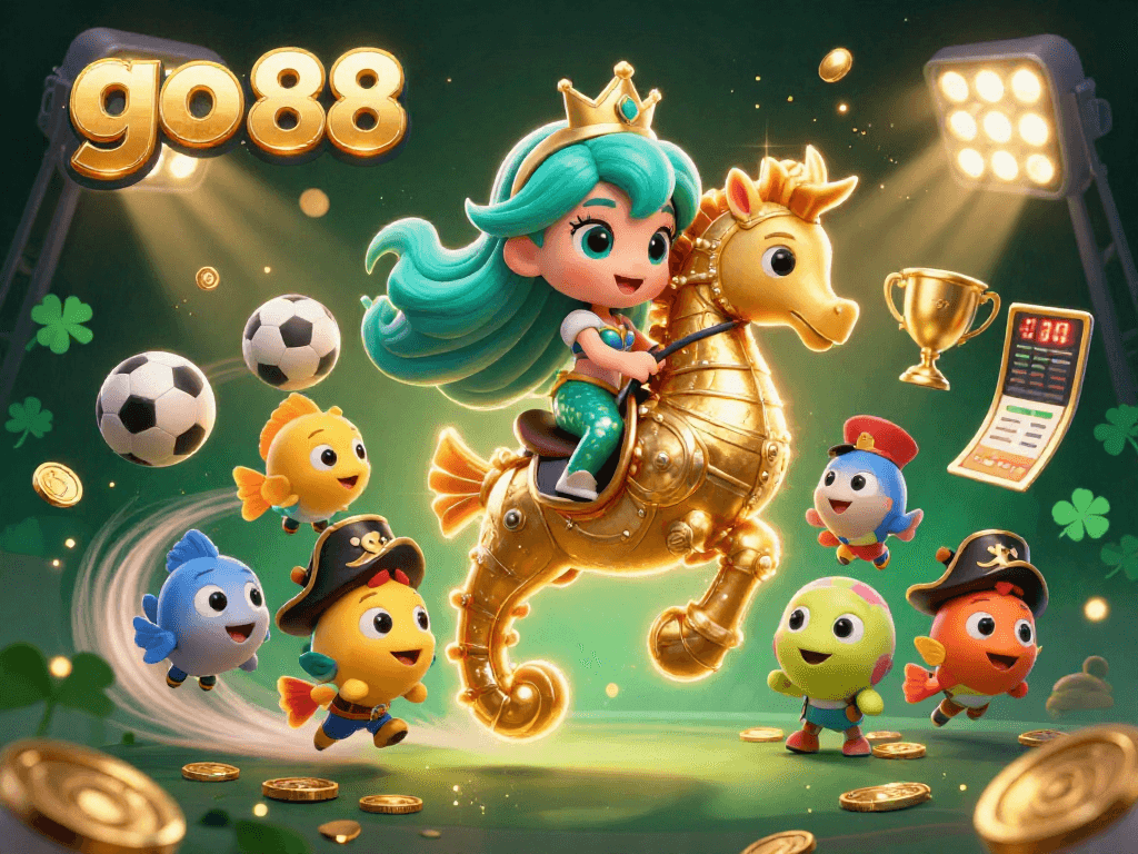 Experience the excitement of go 88 with a vibrant 3D illustration showcasing a mermaid, seahorse, and dynamic sports elements.
