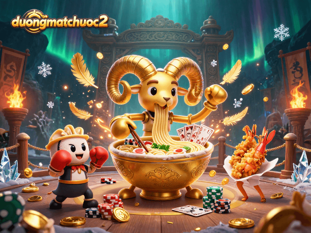 Experience duongmatchuoc2 as a vibrant, dynamic casino scene featuring a golden ramen bowl and gaming elements.
