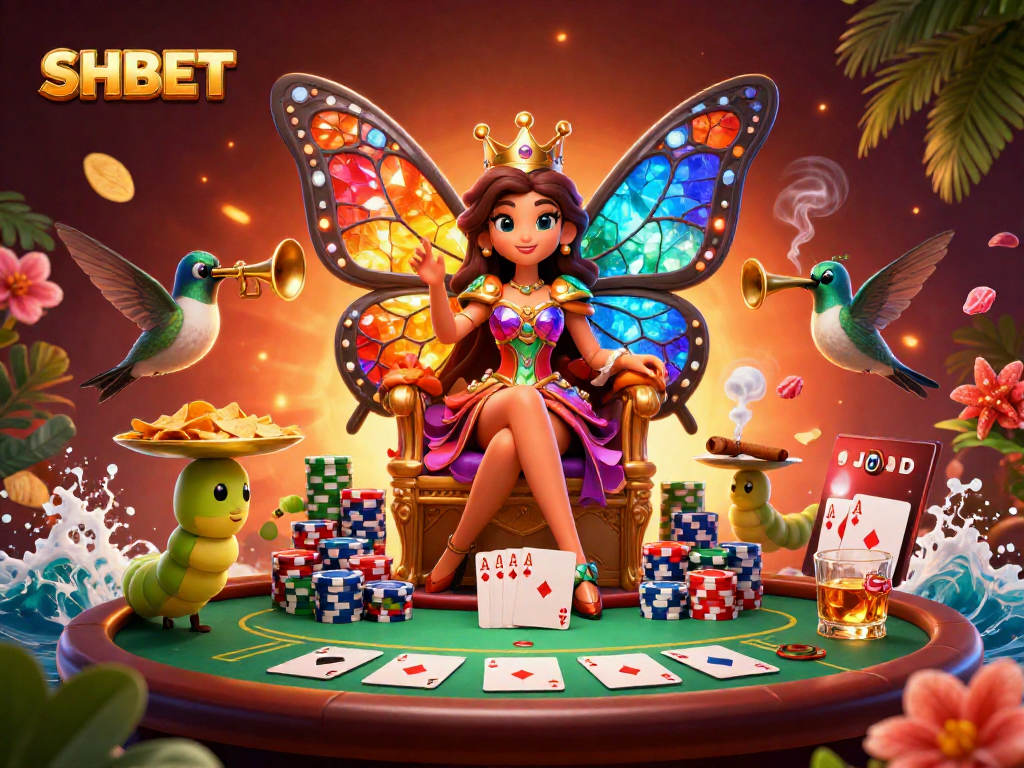 Engage with SHBET's vibrant casino world featuring a cartoon butterfly queen, poker chips, and fun gambling elements.