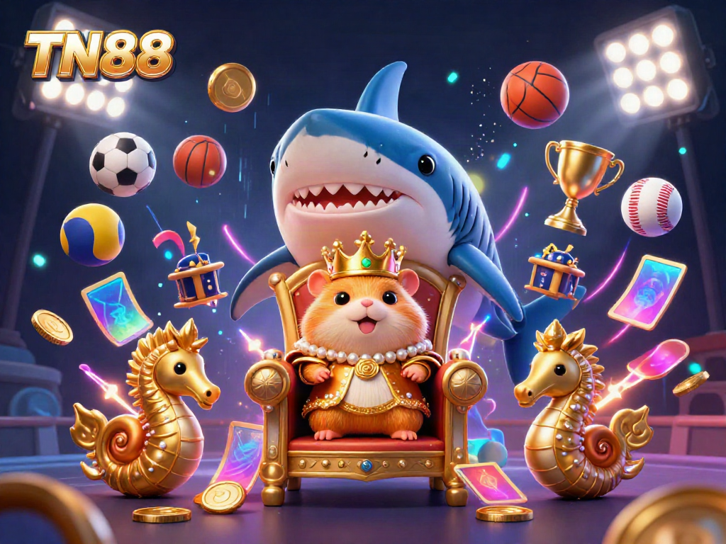 Engage with TN88's thrilling casino atmosphere, led by the golden hamster king amidst vibrant gaming elements.