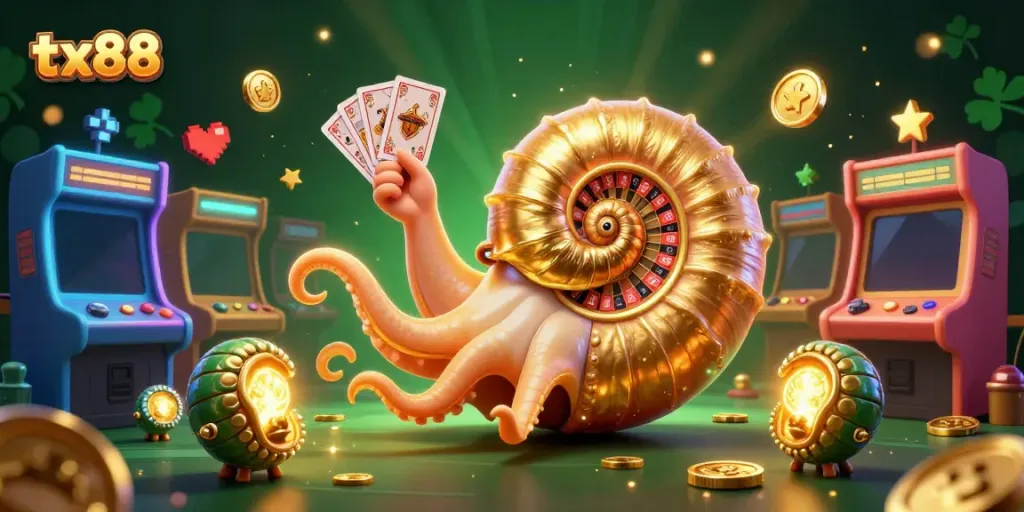 Experience thrilling casino action at tx88, featuring a giant nautilus roulette and glowing game elements.