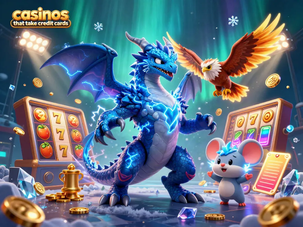 Experience thrilling gameplay at casinos that take credit cards, showcasing vibrant slot reels and dynamic 3D characters.