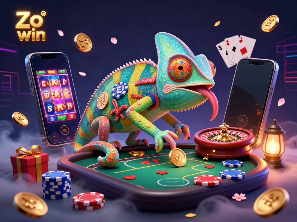 Spin to win with Zo win's colorful slot game illustration featuring a dynamic chameleon casino owner.