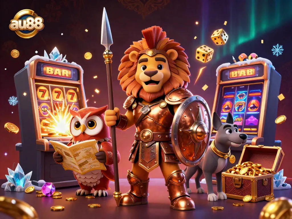 Feel the thrill at au88 with a vibrant 3D casino scene featuring a Spartan lion, tactical owl, and graceful greyhound.