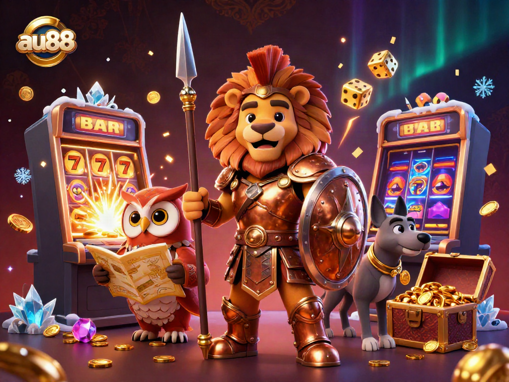 Feel the thrill at au88 with a vibrant 3D casino scene featuring a Spartan lion, tactical owl, and graceful greyhound.