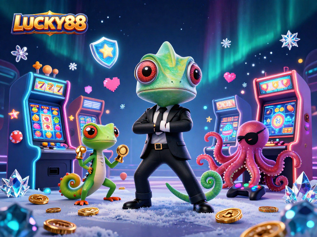 Experience the vibrant excitement of LUCKY88 with animated characters amidst colorful slot machines.