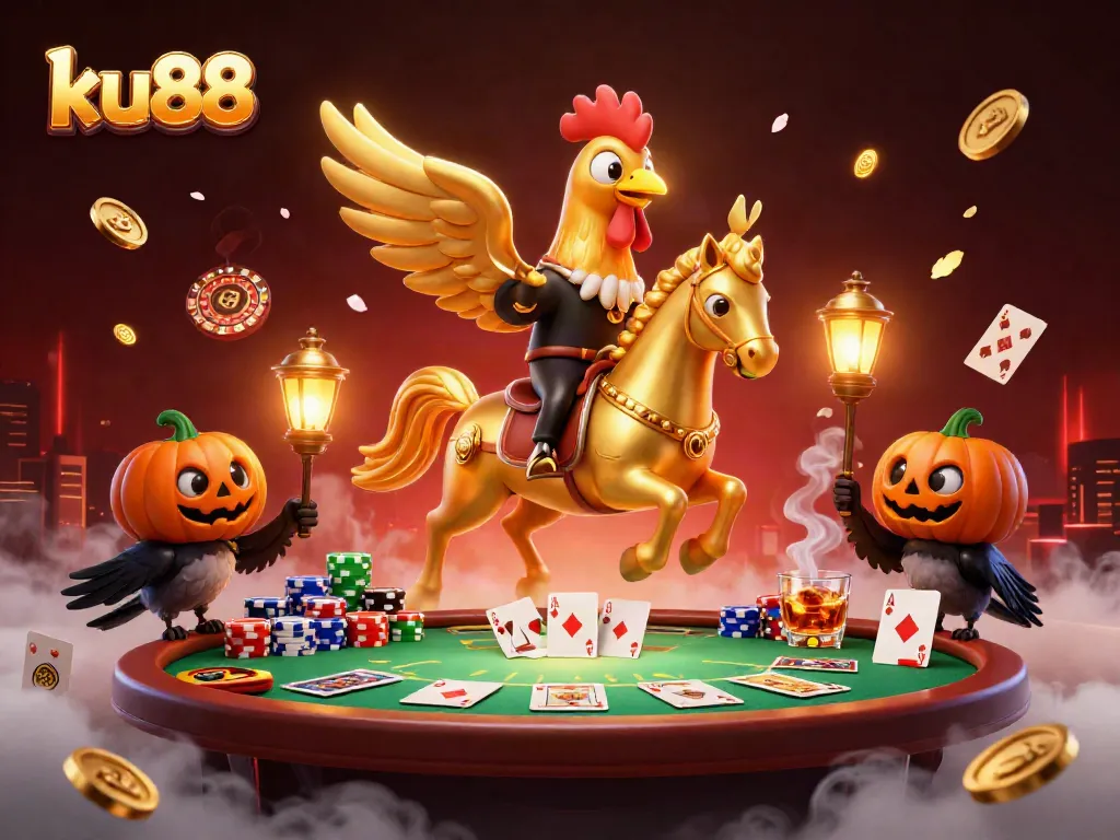 ku88 shines as a golden rooster in an exciting midnight casino scene with poker excitement.