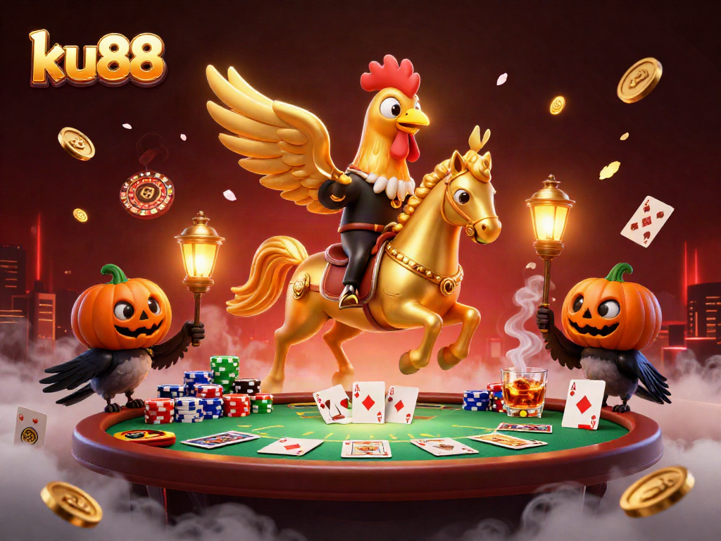 ku88 shines as a golden rooster in an exciting midnight casino scene with poker excitement.