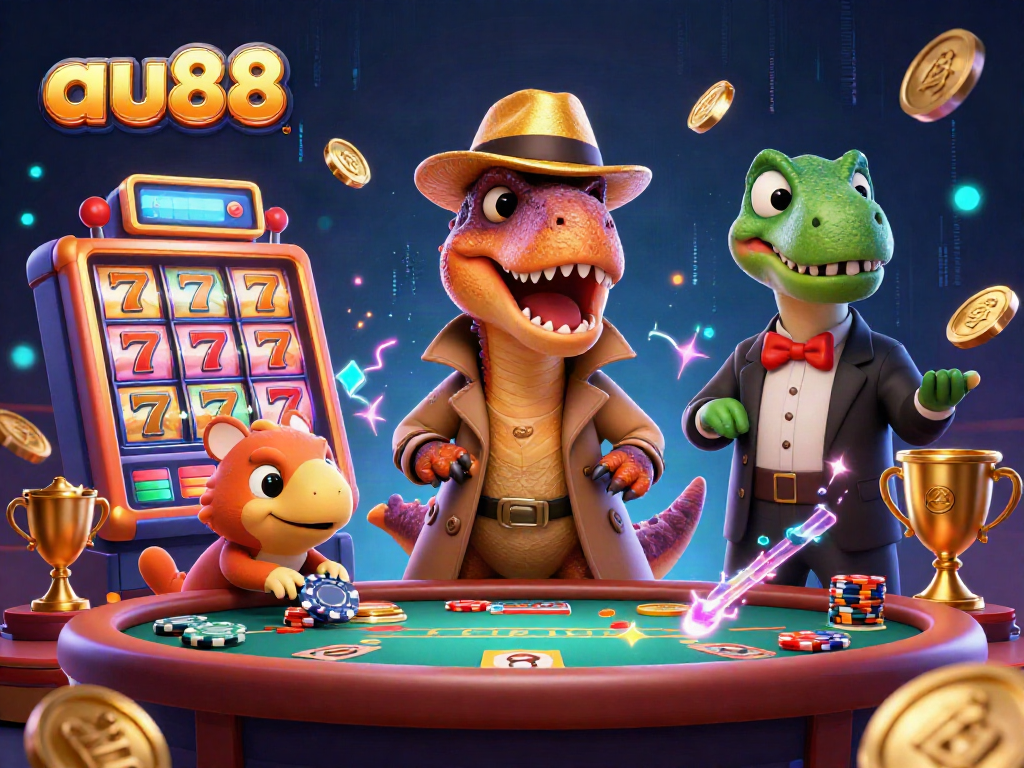 Experience thrilling moments at au88 with a velociraptor card counter alongside a stegosaurus pit boss in this vibrant casino scene.